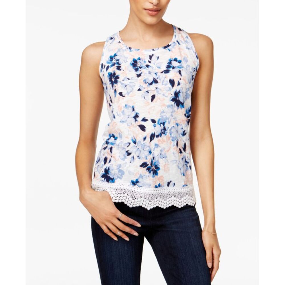 Maison Jules Cotton Floral Print Crochet Trim Tank Top